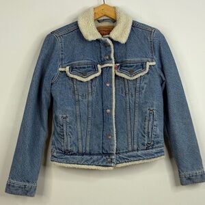 Levi's Sherpa Trucker Jacket Womens Small Blue Fleece Lined Trim Denim Jean